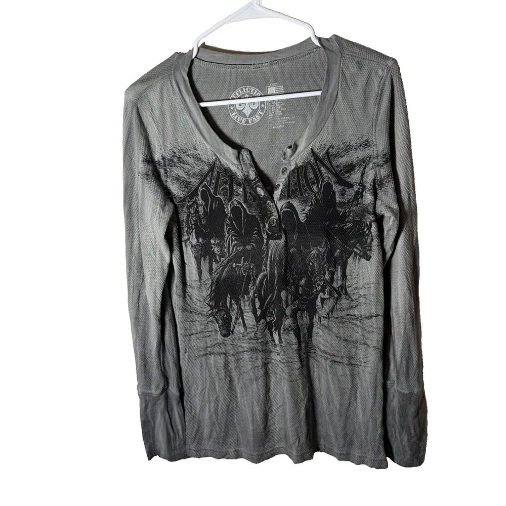 Affliction T-Shirt Women's Large Gray Thermal Long Sleeve Graphic Horses